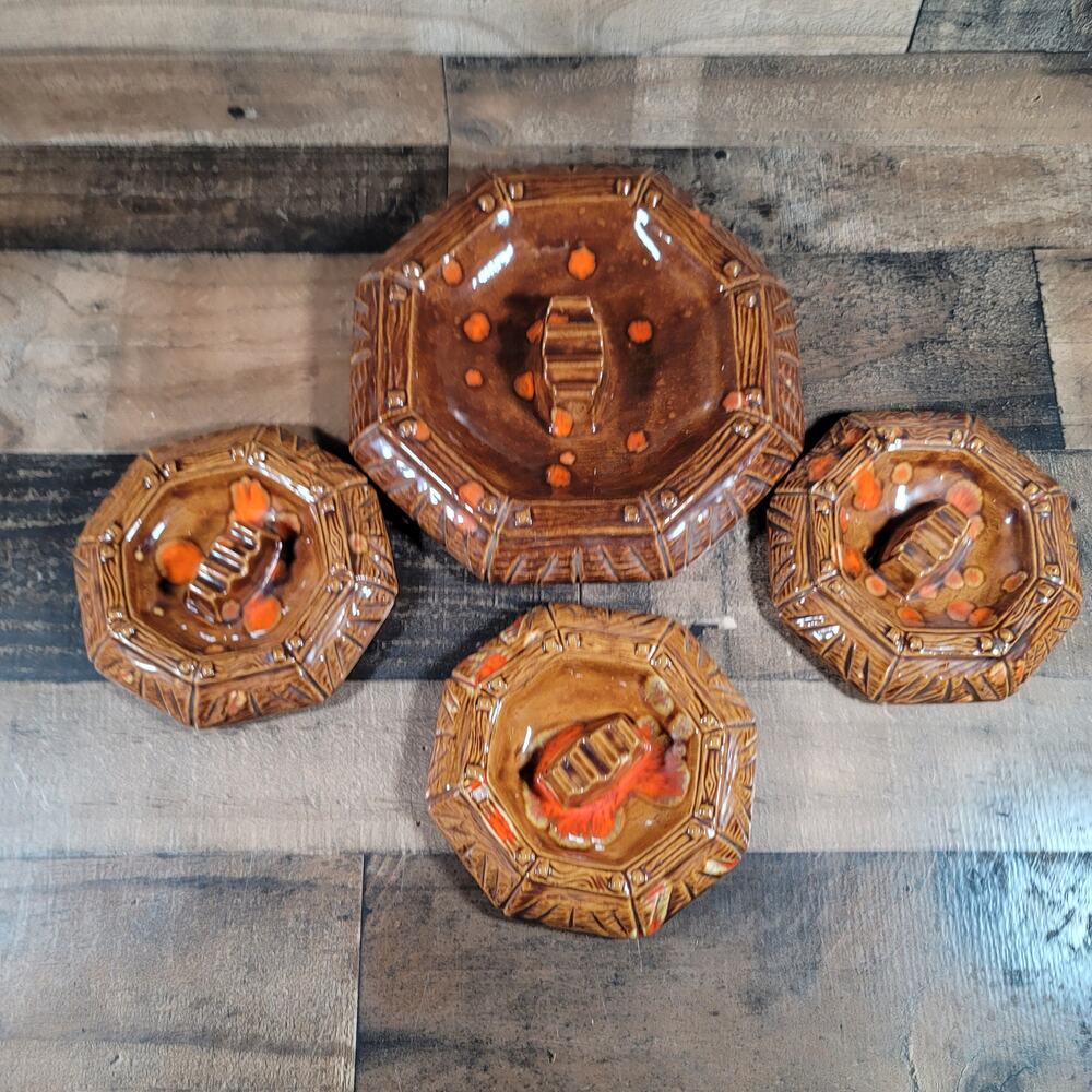 Mid Century Hand Painted Ceramic Ashtray Set Coin-Trinket Container